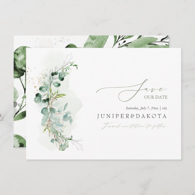 PixDezines Watercolor Eucalyptus Wreath Greenery Save The Date (Front/Back)