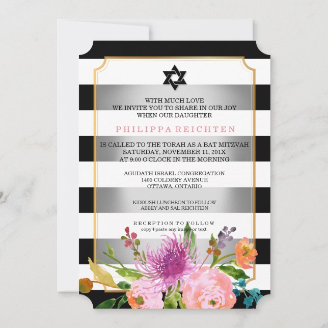 PixDezines watercolor/floral/stripes bat mitzvah Invitation (Back)