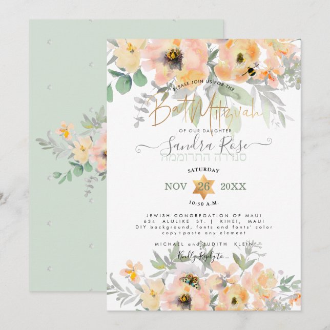 PixDezines Watercolor Flowers Bat Mitzvah, Roses Invitation (Front/Back)