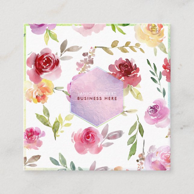 PixDezines Watercolor Flowers Blue Honeycomb Square Business Card (Front)