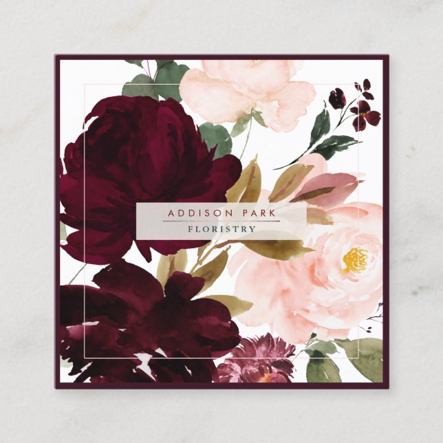 PixDezines Watercolor Flowers, Blush+Burgundy Square Business Card (Front)