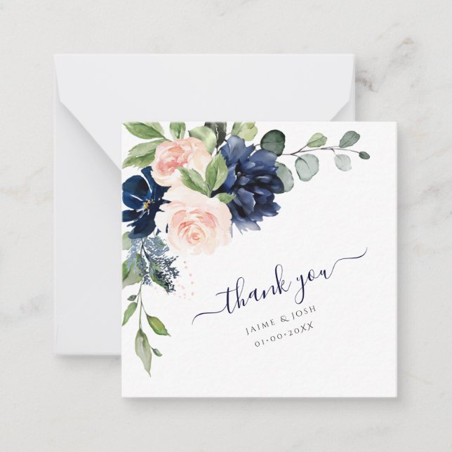 PixDezines Watercolor Flowers Blush Navy thank you Card (Front)