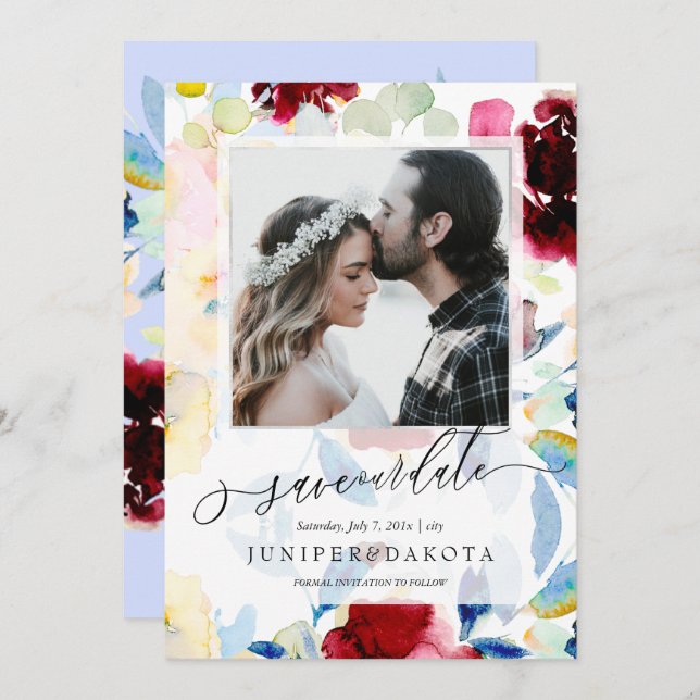 PixDezines Watercolor Flowers Burgundy+Blue Invitation (Front/Back)