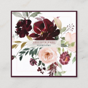 PixDezines Watercolor Flowers, Burgundy+Blush Square Business Card