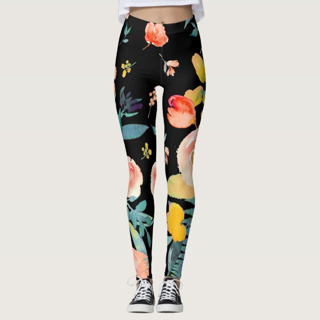 PixDezines Watercolor Flowers/DIY background Leggings (Front)