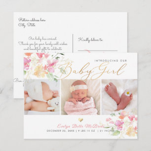 PixDezines Watercolor flowers, Girl Birth Postcard