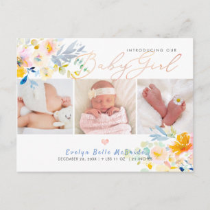 PixDezines Watercolor flowers, Girl Birth Postcard