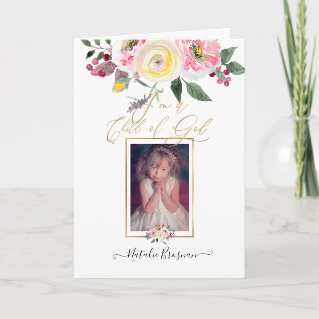 PixDezines Watercolor Flowers LDS Baptism Program Holiday Card (Front)