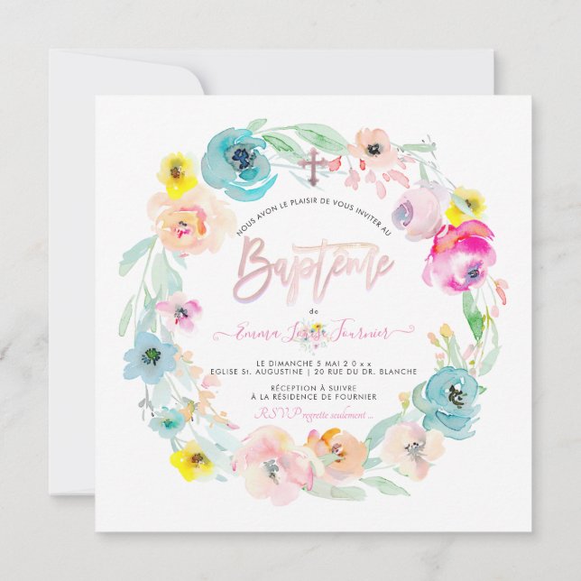 PixDezines Watercolor Flowers, le Jardin Baptême Invitation (Back)