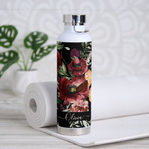 PixDezines Watercolor Flowers Marsala Red Roses Water Bottle