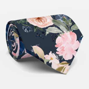 PixDezines Watercolor Flowers Navy Blue Pink Neck  Tie