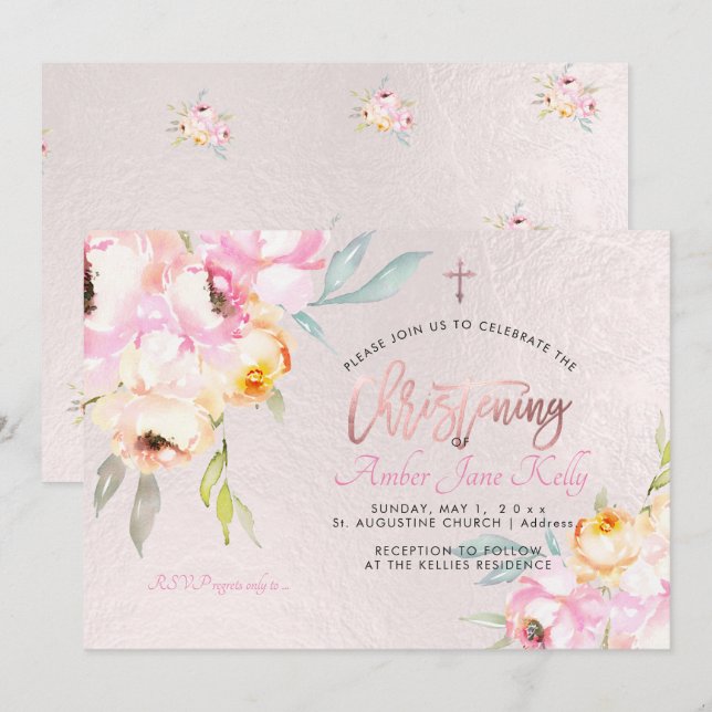 PixDezines Watercolor Flowers Peonies Christening Invitation (Front/Back)
