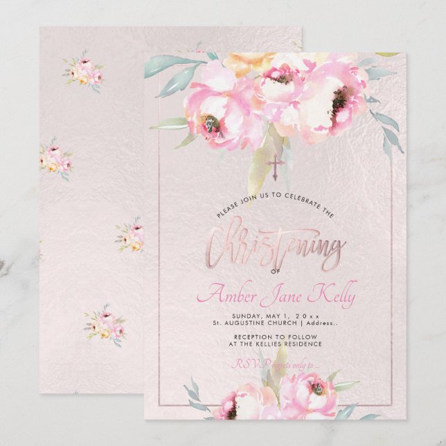 PixDezines Watercolor Flowers Peonies Christening Invitation (Front/Back)