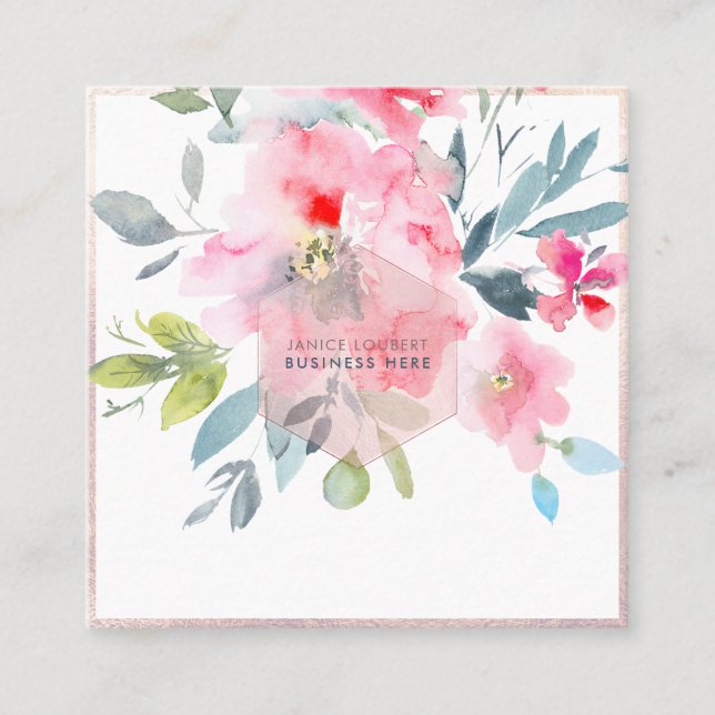 PixDezines Watercolor Flowers Pink Blush Honeycomb Square Business Card (Front)