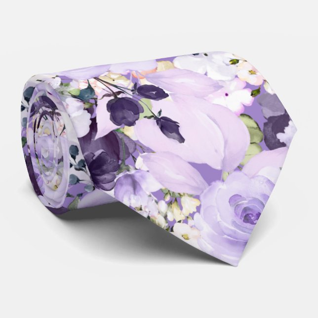 PixDezines Watercolor Flowers Purple Roses Tie (Rolled)