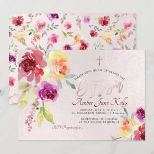 PixDezines Watercolor Flowers Roses Baptism Invitation