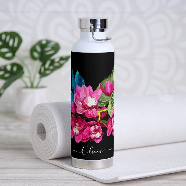 PixDezines Watercolor Fuschia Cymbidium Orchid Water Bottle (Yoga)