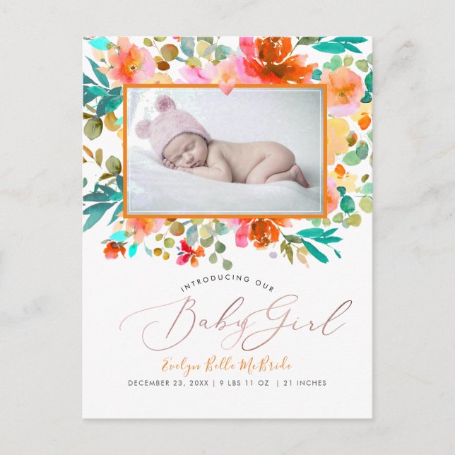 PixDezines Watercolor Garden Roses Baby Girl Postcard (Front)
