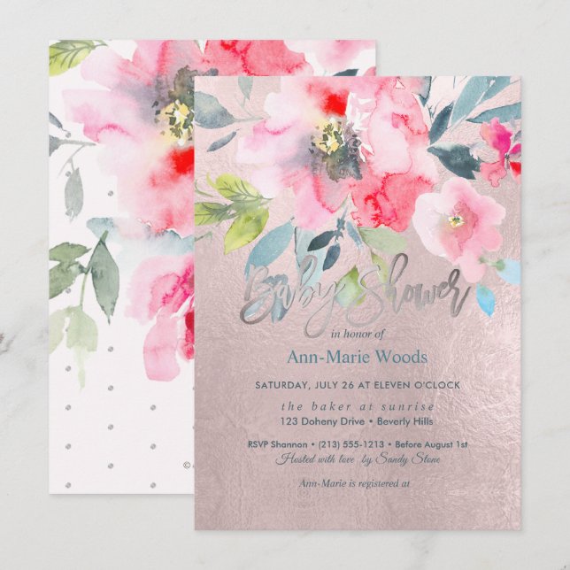 PixDezines Watercolor Garden Roses Baby Shower Invitation (Front/Back)