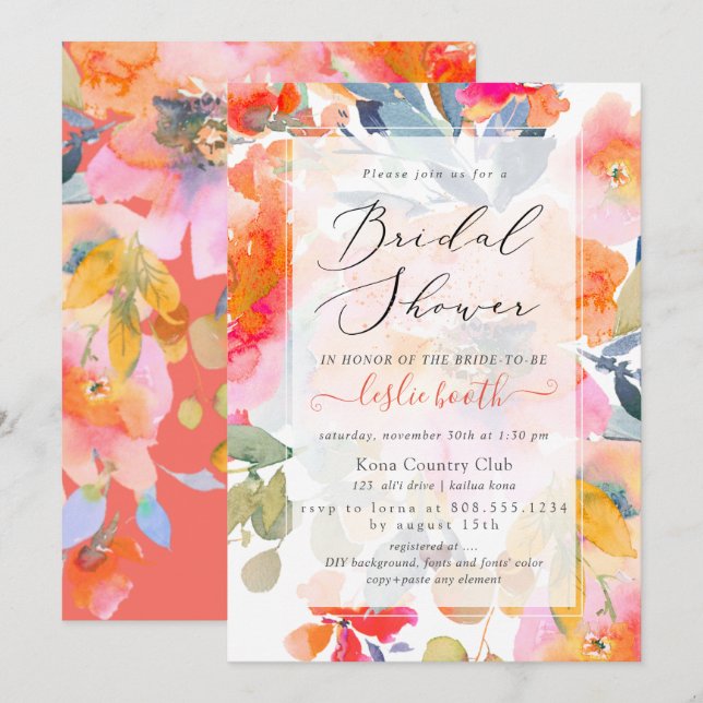PixDezines Watercolor, Garden Roses Bridal Shower Invitation (Front/Back)