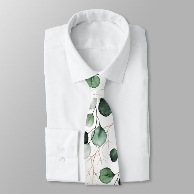 PixDezines Watercolor Gold Green Eucalyptus  Tie (Tied)
