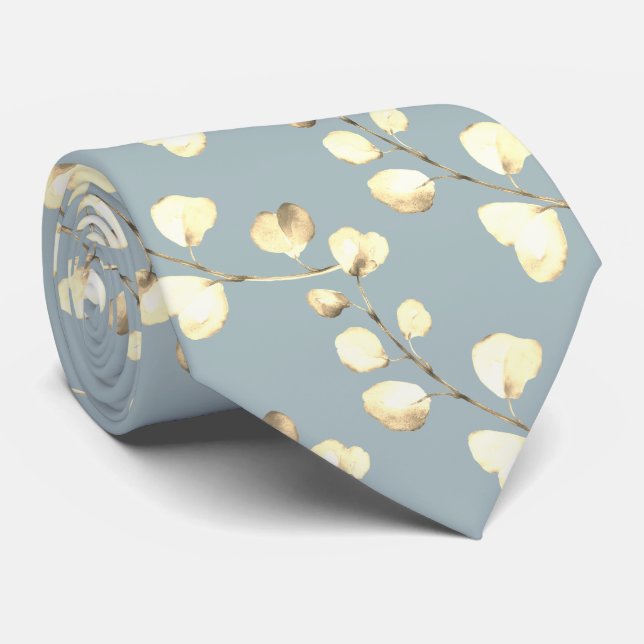 PixDezines Watercolor Gold Winter Eucalyptus Tie (Rolled)