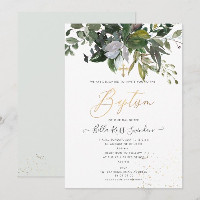 PixDezines Watercolor Greenery Baptism Invitation (Front/Back)