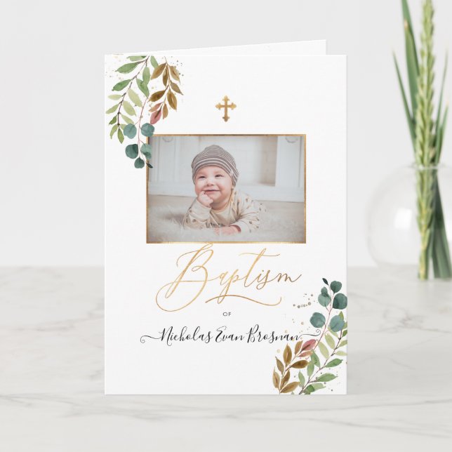 PixDezines Watercolor Greenery Baptism Program Holiday Card (Front)