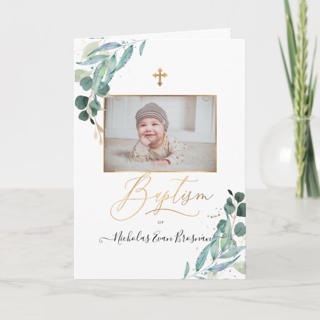 PixDezines Watercolor Greenery Baptism Program Holiday Card (Front)