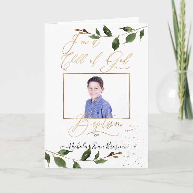 PixDezines Watercolor Greenery LDS Baptism Program Holiday Card (Front)