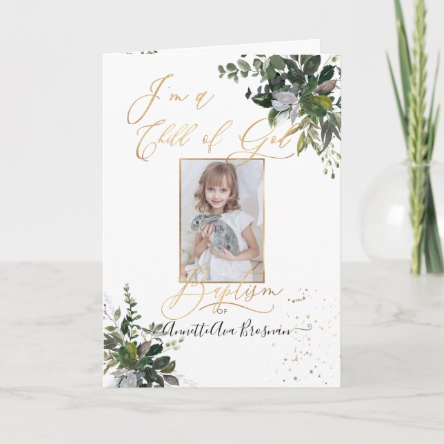 PixDezines Watercolor Greenery LDS Baptism Program Holiday Card (Front)