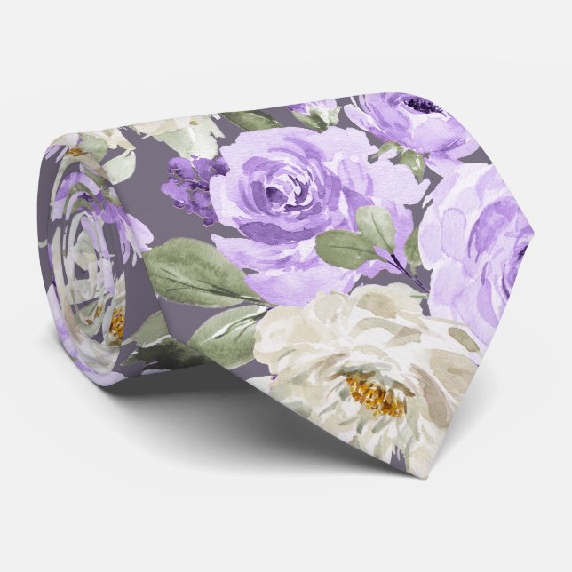 PixDezines Watercolor Lilac Purple Roses Tie (Rolled)