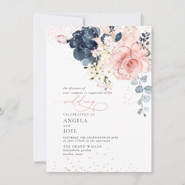 PixDezines Watercolor Navy Blush flowers Invitation (Front)