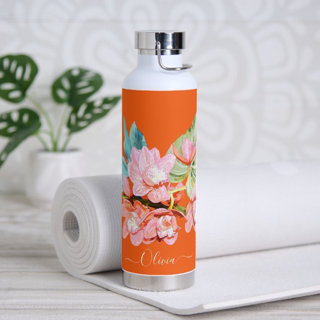 PixDezines Watercolor Orange Cymbidium Orchid Water Bottle (Yoga)