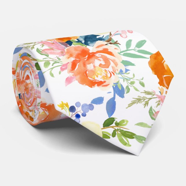 PixDezines Watercolor Orange Peonies n Pansies Tie (Rolled)