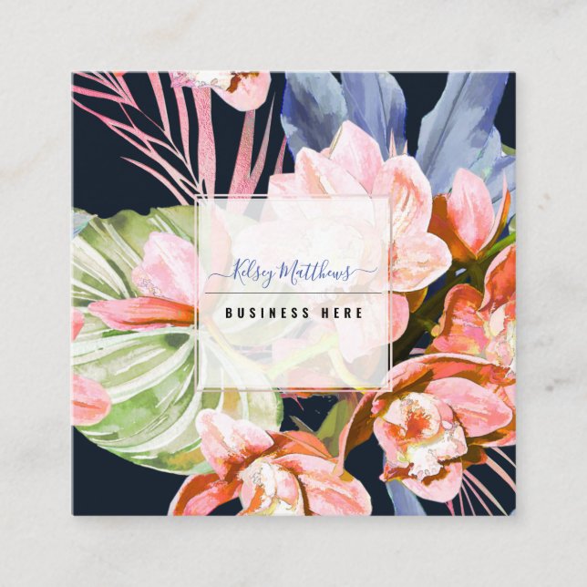 PixDezines Watercolor Peach Cymbidium Orchid Square Business Card (Front)