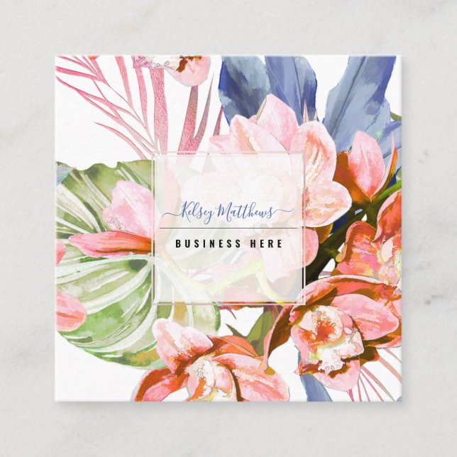 PixDezines Watercolor Peach Cymbidium Orchid Square Business Card (Front)