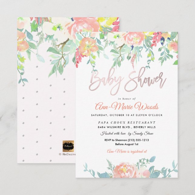 PixDezines Watercolor Peach Peonies Baby Shower Invitation (Front/Back)