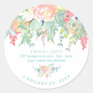 PixDezines Watercolor Peonies Peach+Mint Classic Round Sticker