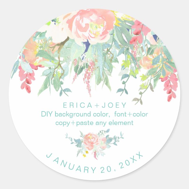 PixDezines Watercolor Peonies Peach+Mint Classic Round Sticker (Front)