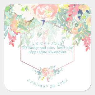PixDezines Watercolor Peonies Peach+Mint Square Sticker