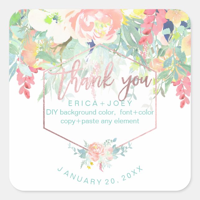 PixDezines Watercolor Peonies Peach+Mint/Thank You Square Sticker (Front)