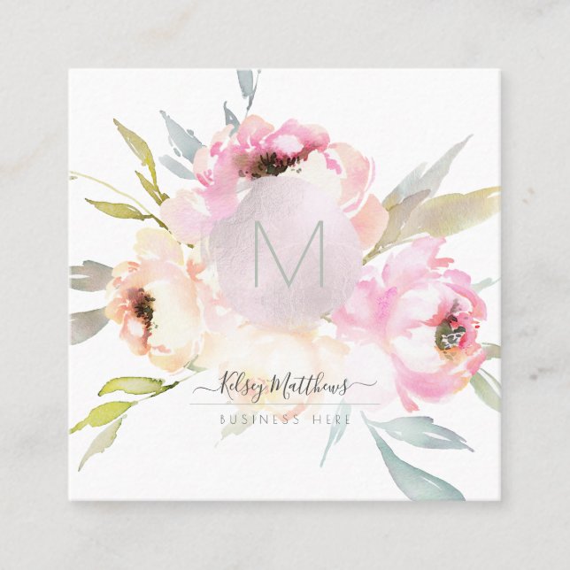 PixDezines Watercolor Peonies+Sage Square Business Card (Front)
