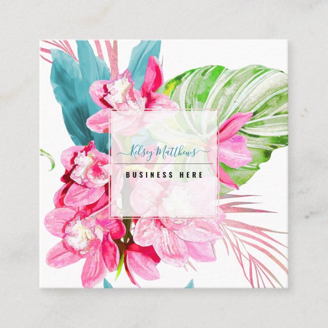 PixDezines Watercolor Pink Kona Cymbidium Square Business Card (Front)