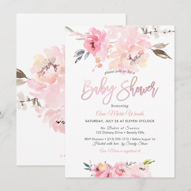 PixDezines Watercolor, Pink Peonies Baby Shower In Invitation (Front/Back)