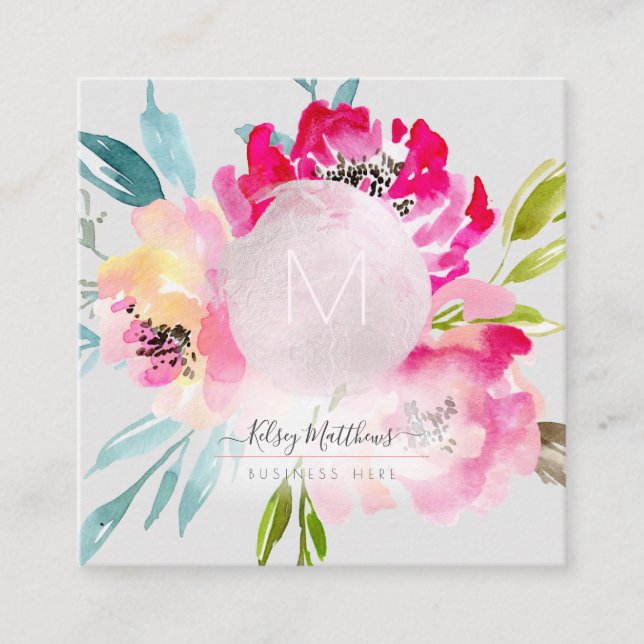 PixDezines Watercolor Pink Peonies Square Business Card (Front)