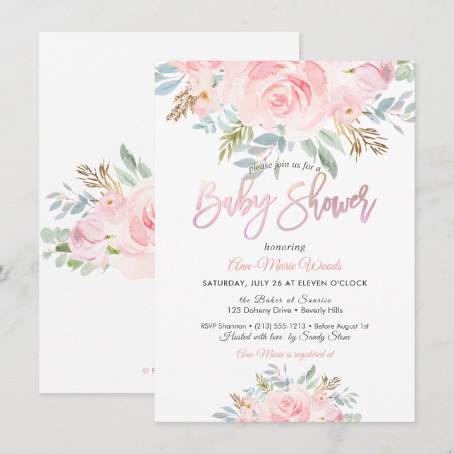 PixDezines Watercolor Pink Roses Baby Shower Invitation (Front/Back)
