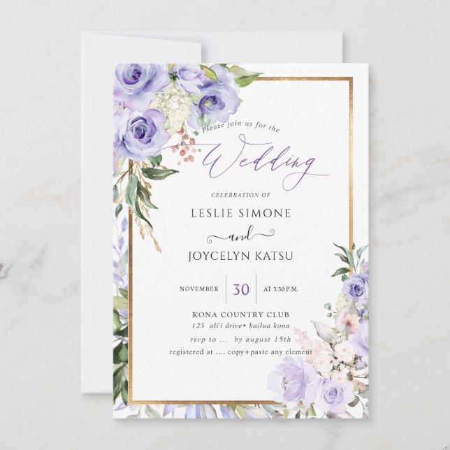 PixDezines Watercolor Purple Roses Wedding Invitation (Front)