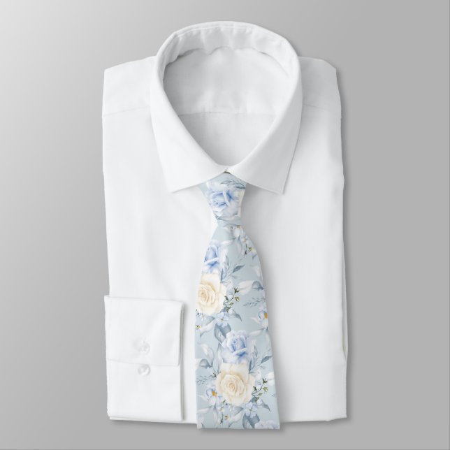 PixDezines Watercolor Roses Blue Cream Neck Tie (Tied)
