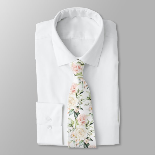 PixDezines Watercolor Roses Blush Cream  Tie (Tied)